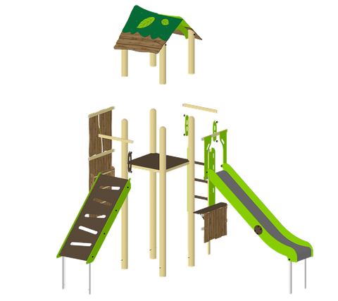 Schematisches 3D-Modell einer Spielkombination der Serie Metall 4.0 das die einzelnen Bauteile separiert abbildet